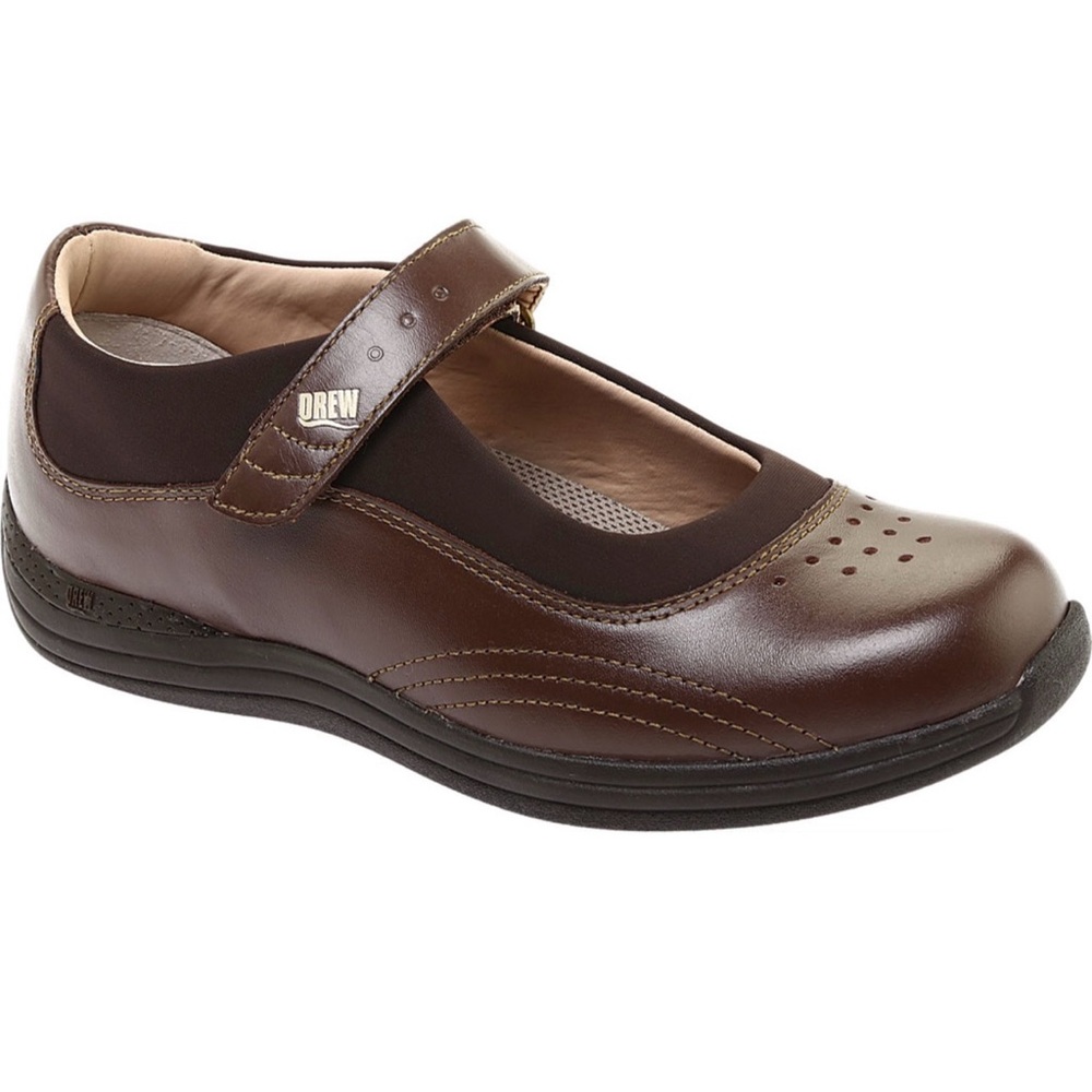 NWOT Drew Rose Brown Leather Mary Jane Flat Shoes Size 10.5WW Comfort Office
